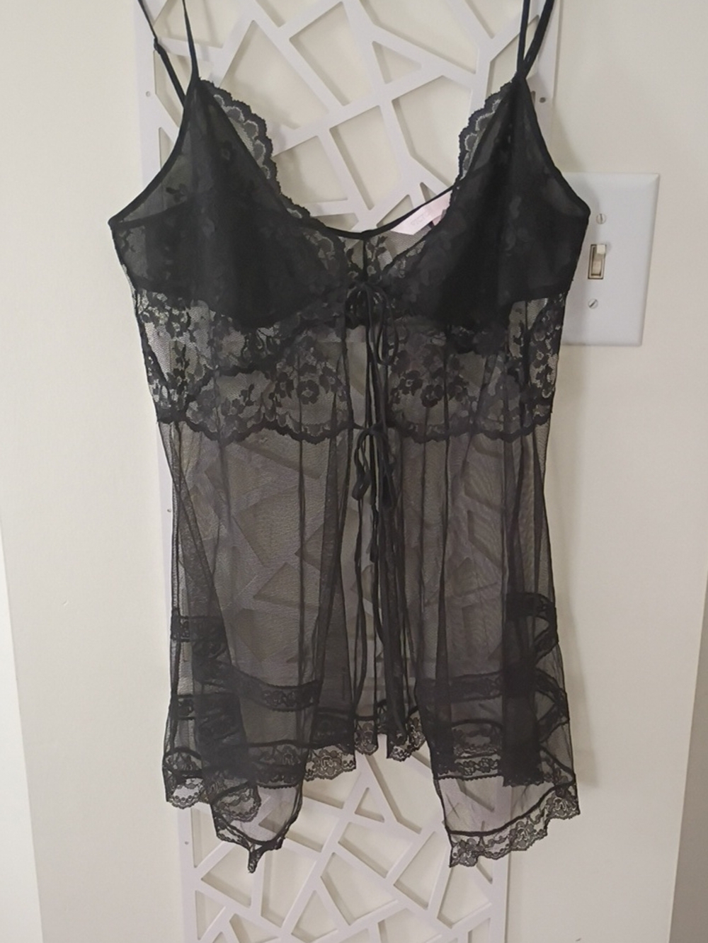 Victoria's Secret Black Sheer Lace Chemise with Front Ties